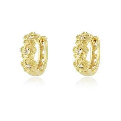 Argola flores com zircônias folheada a ouro 18k