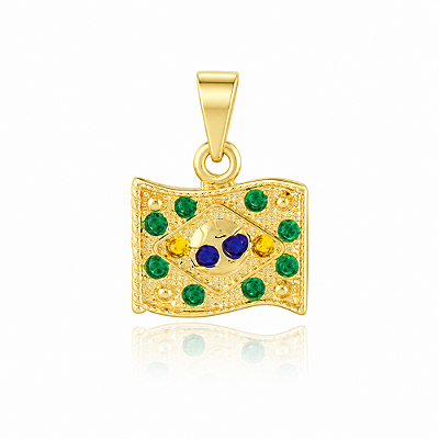 Pingente bandeira do Brasil com zircônias folheado a ouro 18k