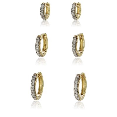 Trio de argolas com zircônias folheadao a ouro 18k