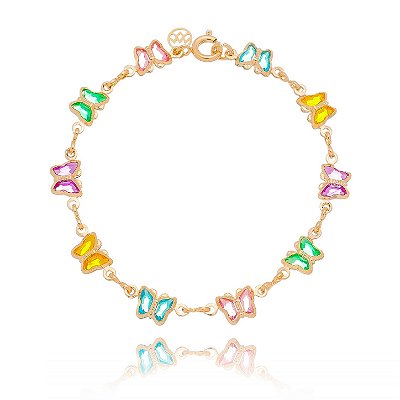 Pulseira infantil borboletas com zircônias folheada a ouro 18k 14cm