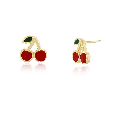 Brinco cereja com resina folheado a ouro 18k