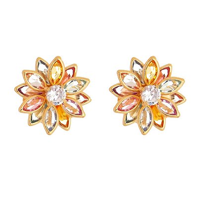 BRINCO FLOR ZIRCONIA NAVETE COLORIDA FOLHEADO A OURO 18K