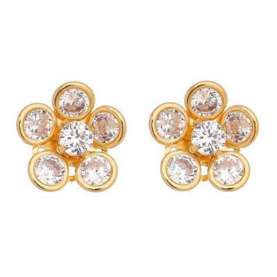 BRINCO FLOR ZIRCÔNIA EM CIRCULO FOLHEADO A OURO 18K