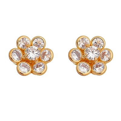 Brinco flor com zircônias folheado a ouro 18k