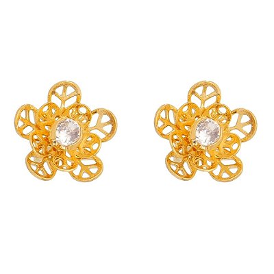 BRINCO FLOR PEQUENA TRABALHADA FOLHEADA A OURO 18K
