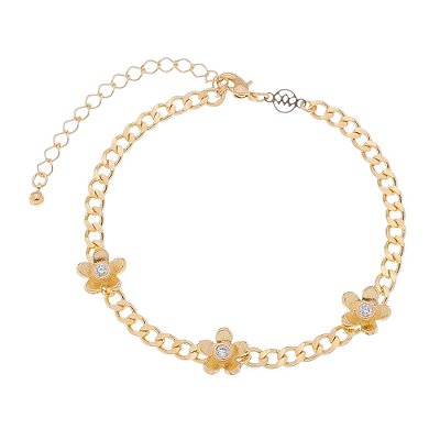 PULSEIRA FOLHEADA A OURO 18K FLORES COM ZIRCONIA 17cm COM EXTENSOR