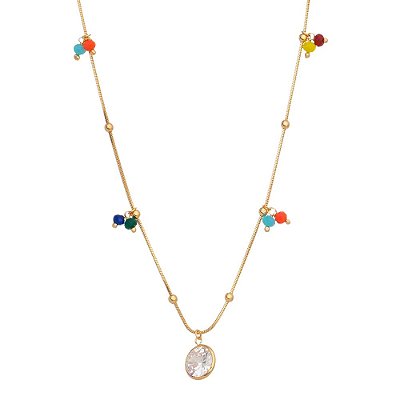 GARGANTILHA FOLHEADA A OURO 18K COM BOLAS COLORIDAS E ZIRCONIA