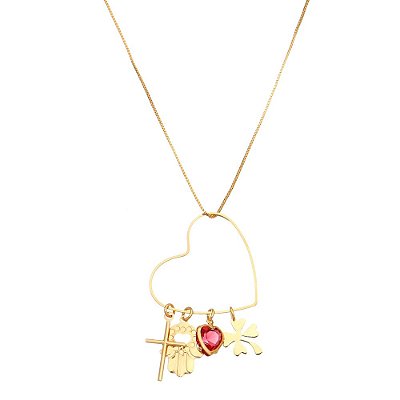 GARGANTILHA FOLHEADA A OURO 18K CORAÇÃO COM PINGENTES