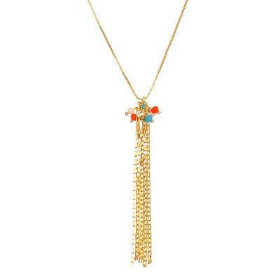 GARGANTILHA FOLHEADA A OURO 18K CACHO COM PEDRAS COLORIDAS