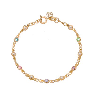 PULSEIRA INFANTIL FOLHEADA A OURO 18K COM PEROLAS E PEDRAS COLORIDAS 15cm