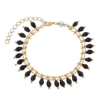 PULSEIRA FOLHEADA A OURO 18K COM PEDRAS PRETAS ADULTO 15cm