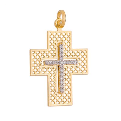 PINGENTE FOLHEADO A OURO 18K CRUZ COM ZIRCONIA
