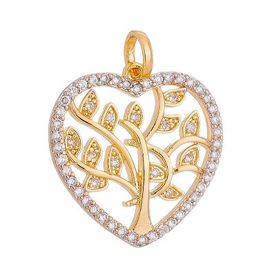 PINGENTE FOLHEADO A OURO 18K ARVORE DA VIDA CORAÇÃO COM ZIRCONIAS