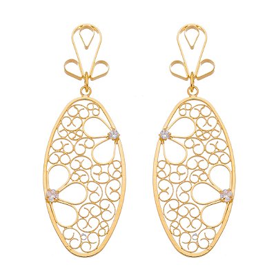 BRINCO OVAL TRABALHADO FOLHEADO A OURO 18K COM ZIRCÔNIAS