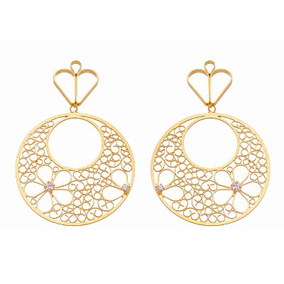 BRINCO CIRCULO TRABALHADO FLOR COM ZIRCÔNIA FOLHEADO A OURO 18K