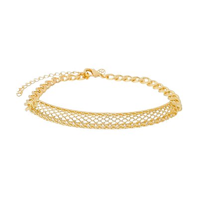 PULSEIRA TELA FOLHEADA A OURO 18K COM ZIRCONIAS 16cm