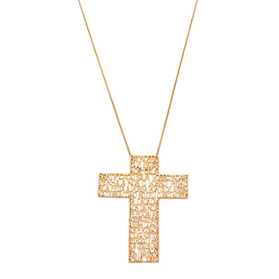 GARGANTILHA FOLHEADA A OURO 18K CRUZ COM PAI NOSSO