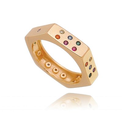 ANEL SEXTAVADO FOLHEADO A OURO 18K COM ZIRCONIAS COLORIDAS
