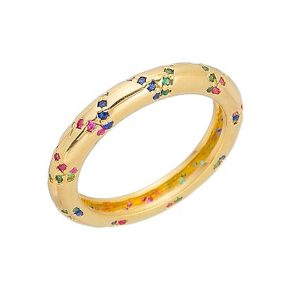 MEIA ALIANÇA FOLHEADA A OURO 18K COM ZIRCONIAS COLORIDAS