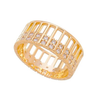 ANEL LARGO VAZADO FOLHEADO A OURO 18K COM ZIRCONIAS BRANCAS