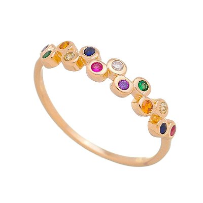 MEIA ALIANÇA FOLHEADA A OURO 18K COM ZIRCONIAS COLORIDAS