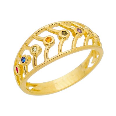 ANEL VAZADO FOLHEADO A OURO 18K COM ZIRCONIAS COLORIDAS