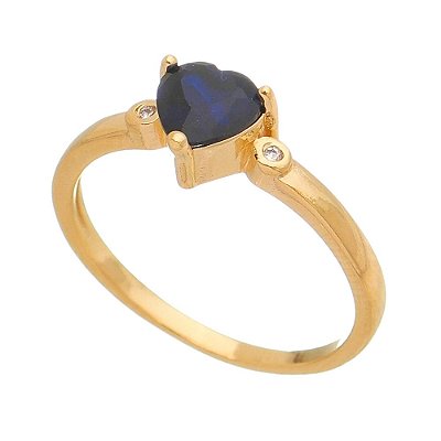 ANEL CORAÇÃO AZUL FOLHEADO A OURO 18K COM ZIRCONIA LATERAL