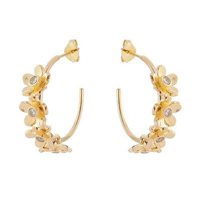 ARGOLA FOLHEADA A OURO 18K FLORES E ZIRCONIAS