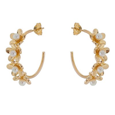 ARGOLA FOLHEADA A OURO 18K FLORES E PEROLAS