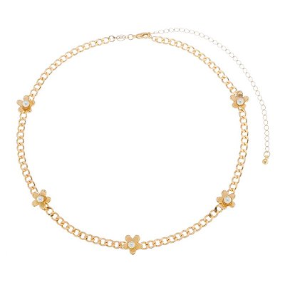 GARGANTILHA FOLHEADA A OURO 18K FLORES COM PEROLAS