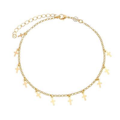 TORNOZELEIRA FOLHEADA A OURO 18K CRUZES PENDURADAS 23cm