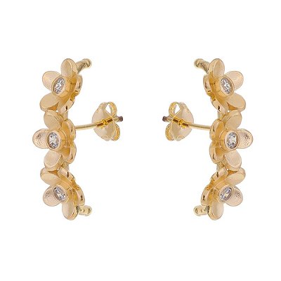 Brinco 3 floras com zircônias folheado a ouro 18k