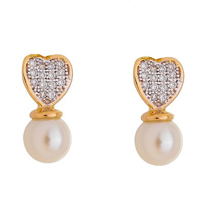 Brinco pérola e zircônia folheado a ouro 18k