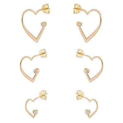 ARGOLAS TRIO CORAÇÃO COM ZIRCÔNIAS FOLHEADAS A OURO 18K