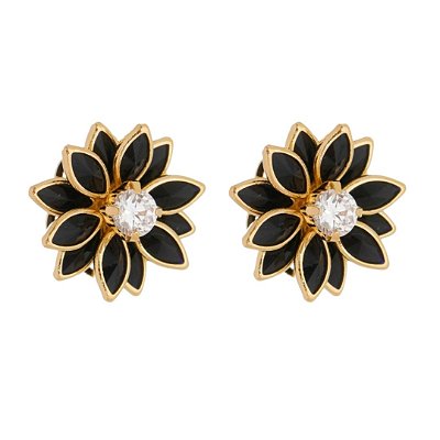 BRINCO FLOR COM ZIRCÔNIA NAVETE PRETA FOLHEADO A OURO 18K