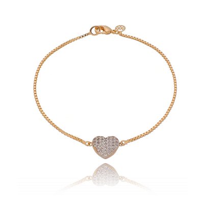 Pulseira coração cravejado com zircônias folheada a ouro 18k 18cm