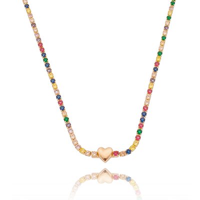 GARGANTILHA FOLHEADA A OURO 18K COM CORAÇÃO E ZIRCONIAS COLORIDAS
