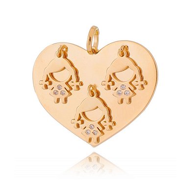 PINGENTE FOLHEADO A OURO 18K CORAÇÃO COM 3 MENINAS PENDURADAS E ZIRCONIA