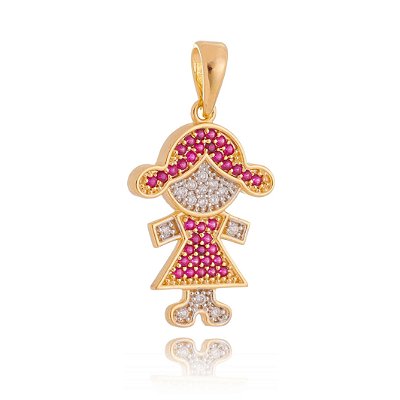 PINGENTE MENINA FOLHEADO A OURO 18K COM ZIRCONIAS ROSAS E BRANCAS