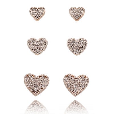 TRIO DE BRINCOS DE CORAÇÃO FOLHEADO A OURO 18K COM ZIRCONIAS