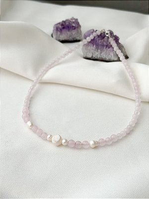 Gargantilha Fio Liso Quartzo Rosa e Pérola Prata 925