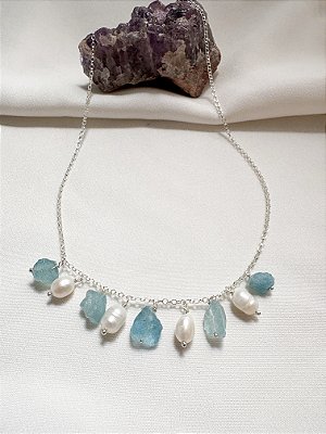 Gargantilha Franja Água Marinha Bruta e Pérola Prata 925