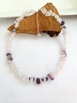 Gargantilha Aurora Quartzo Rosa e Cristal e Ametista Prata 925