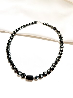 Gargantilha Hematita Moeda e Turmalina Negra Prata 925