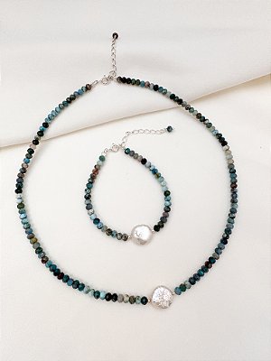 Gargantilha Fio Apatita e Pérola Biwa Prata 925