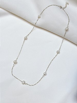 Gargantilha Pérola Batata e Corrente Prata 925 40cm