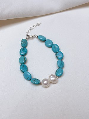 Pulseira Turquesa Moeda e Pérola Pão Prata 925