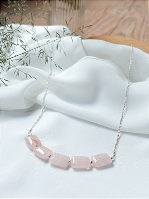 Gargantilha Quartzo Rosa Retangular e Corrente Prata 925