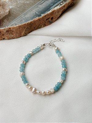 Pulseira Fio Água Marinha e Pérola Prata 925