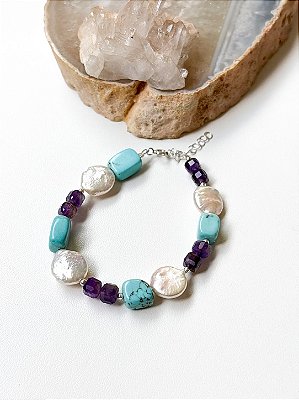 Pulseira Turquesa, Ametista, Pérola e Prata 925